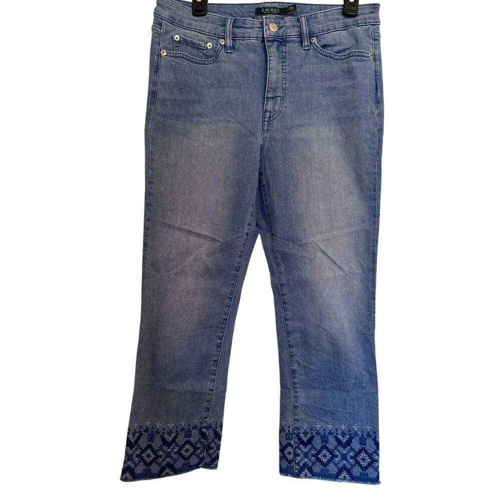 Lauren "Ralph Lauren" Embroidered Hem Cropped Blue Jeans Size 8 *NICE